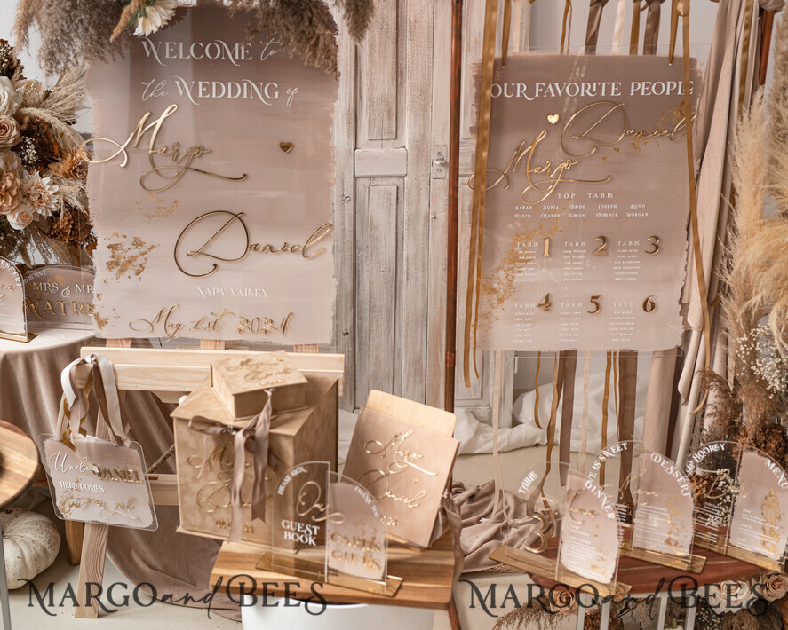 TISCHDEKORATIONSCHILDER Gästebuch & Karten Geschenke Schilder Transparente Acrylschild Unser Gästebuch Schild, Halber Bogen Beige Ombre Acryl Gold Gästebuch Schild, Nude Gold Plexi Schild Unser Gästebuch, Taupe Luxus Hochzeits Tischdekoration, Hochzeitsbeschilderung Goldenes Spiegel Gästebuch Schild mit Ständer.