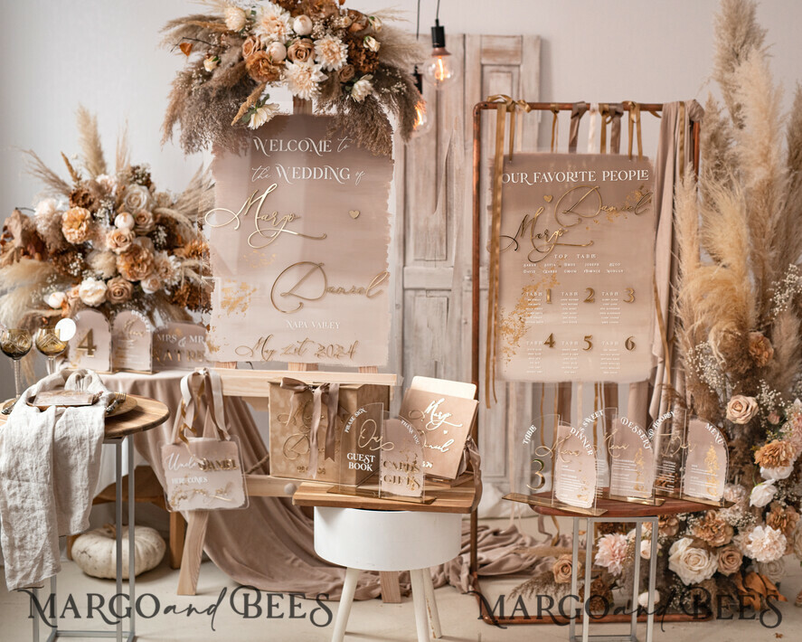 TISCHDEKORATIONSCHILDER Gästebuch & Karten Geschenke Schilder Transparente Acrylschild Unser Gästebuch Schild, Halber Bogen Beige Ombre Acryl Gold Gästebuch Schild, Nude Gold Plexi Schild Unser Gästebuch, Taupe Luxus Hochzeits Tischdekoration, Hochzeitsbeschilderung Goldenes Spiegel Gästebuch Schild mit Ständer.