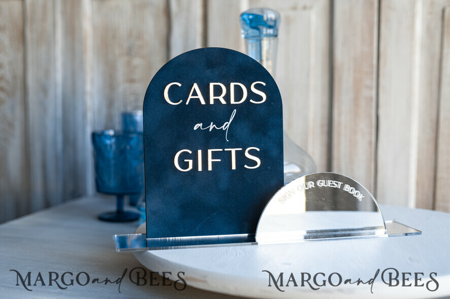TABLE DECOR SIGNS Guestbook & Cards Gifts Signs Navy Blue Silver Acrylic gifts & cards signs with stand, Dark Blue Velvet and Siler Mirror guestbook Sign, Mirror Plexi gifts & cards signs, Luxury Wedding guestbook Decor Centerpieces