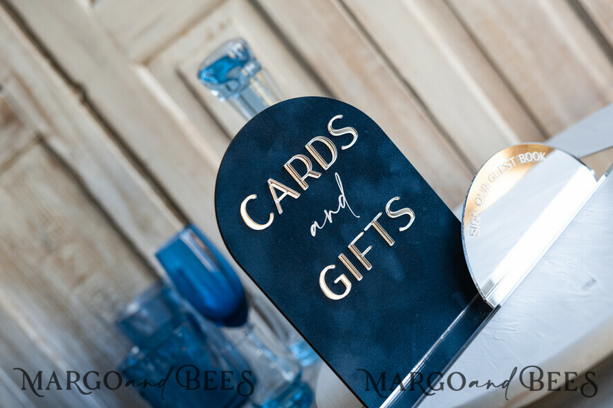 TABLE DECOR SIGNS Guestbook & Cards Gifts Signs Navy Blue Silver Acrylic gifts & cards signs with stand, Dark Blue Velvet and Siler Mirror guestbook Sign, Mirror Plexi gifts & cards signs, Luxury Wedding guestbook Decor Centerpieces