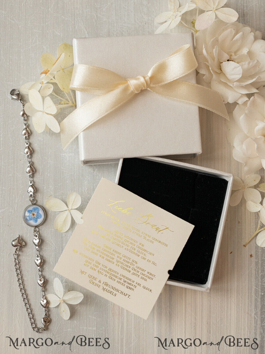 BRIDESMAID/BEST MAN BOX Trauzeuge Fragen Geschenkbox Ein Geschenk für die Braut – Ein Armband mit einer Vergissmeinnicht-Blume in einer Geschenkbox mit Widmung