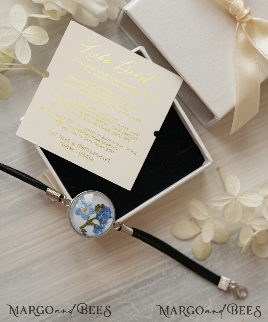 BRIDESMAID/BEST MAN BOX Trauzeuge Fragen Geschenkbox Ein Geschenk für die Braut – Ein Armband mit einer Vergissmeinnicht-Blume in einer Geschenkbox mit Widmung