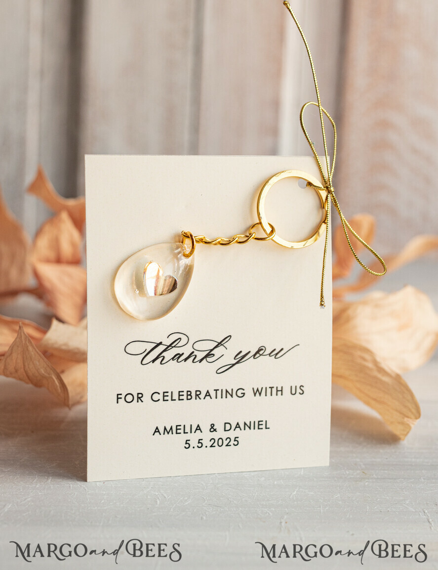 WEDDING FAVORS Resin Custom Resin Keychain Wedding Favors For Guests in bulk Custom Resin Keychain, Golden personalised Thank you gifts Teardrop Keychain with Gold-Plated Stainless Steel Hardware
