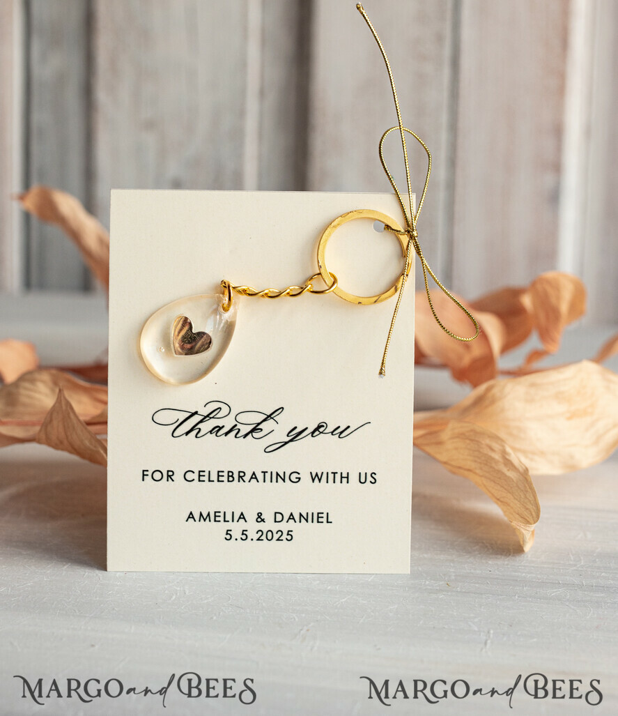 WEDDING FAVORS Resin Custom Resin Keychain Wedding Favors For Guests in bulk Custom Resin Keychain, Golden personalised Thank you gifts Teardrop Keychain with Gold-Plated Stainless Steel Hardware