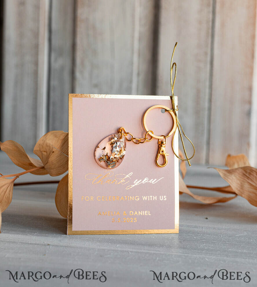 WEDDING FAVORS Resin Custom Resin Keychain Wedding Favors For Guests in bulk Custom Resin glamour golden Keychain, Golden personalised Thank you gifts Teardrop Keychain with Gold-Plated Stainless Steel Hardware