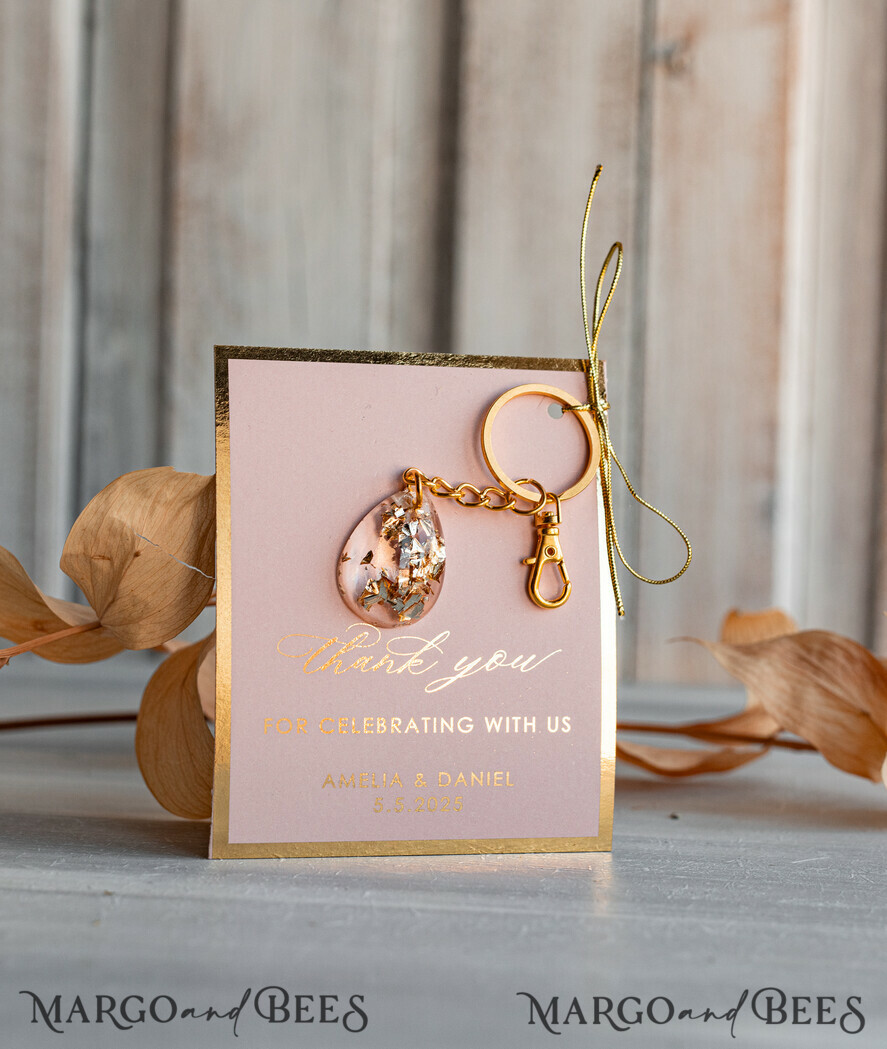 WEDDING FAVORS Resin Custom Resin Keychain Wedding Favors For Guests in bulk Custom Resin glamour golden Keychain, Golden personalised Thank you gifts Teardrop Keychain with Gold-Plated Stainless Steel Hardware