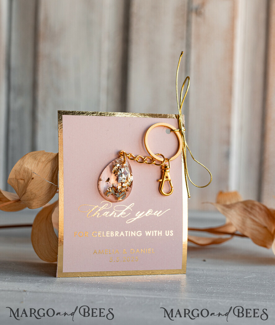WEDDING FAVORS Resin Custom Resin Keychain Wedding Favors For Guests in bulk Custom Resin glamour golden Keychain, Golden personalised Thank you gifts Teardrop Keychain with Gold-Plated Stainless Steel Hardware