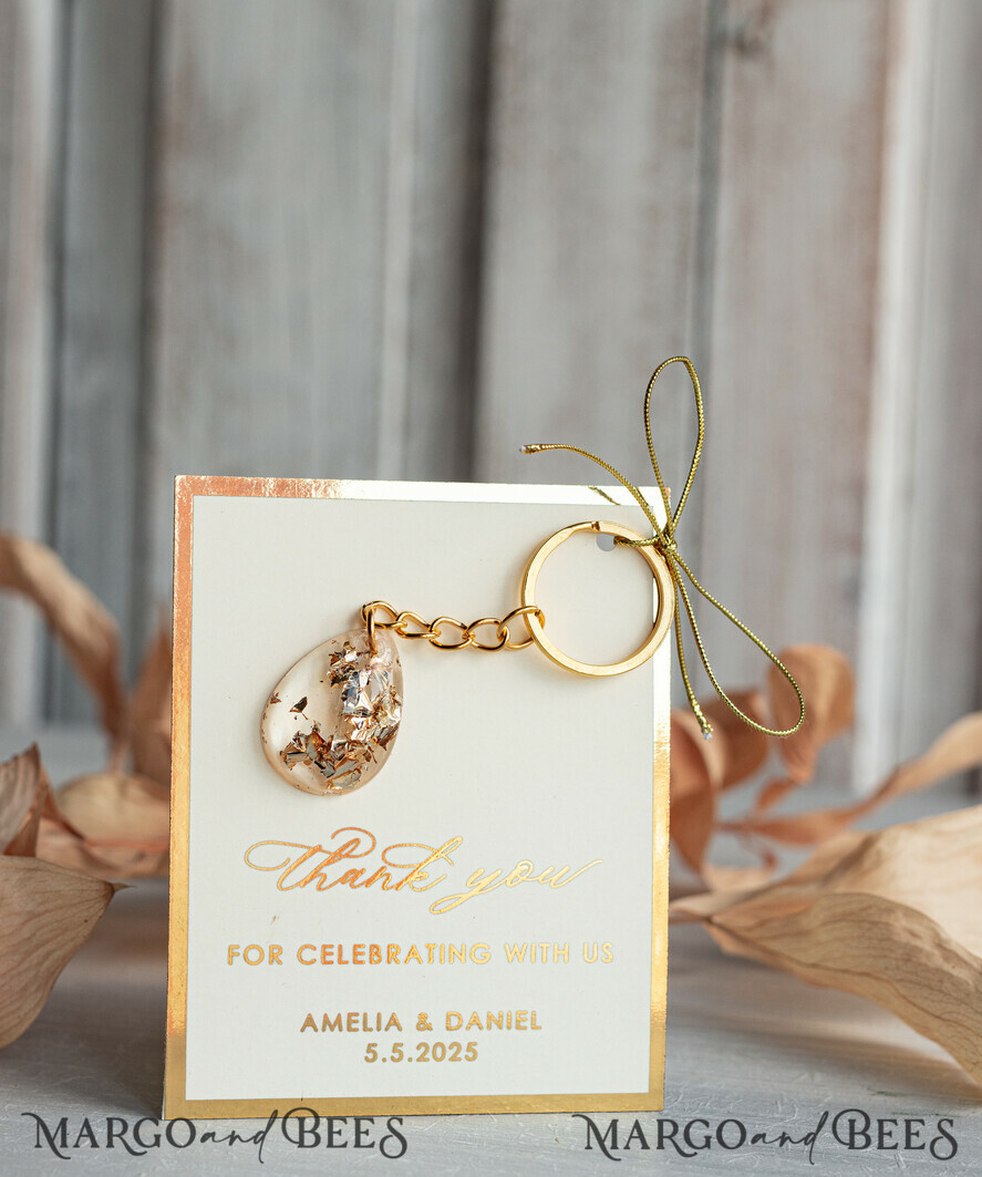 WEDDING FAVORS Resin Custom Resin Keychain Wedding Favors For Guests in bulk Custom Resin Keychain, Golden personalised Thank you gifts Teardrop Keychain with Gold-Plated Stainless Steel Hardware