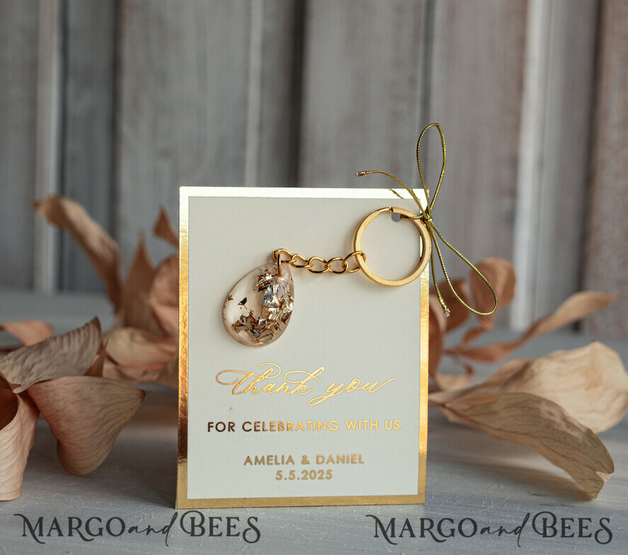 WEDDING FAVORS Resin Custom Resin Keychain Wedding Favors For Guests in bulk Custom Resin Keychain, Golden personalised Thank you gifts Teardrop Keychain with Gold-Plated Stainless Steel Hardware