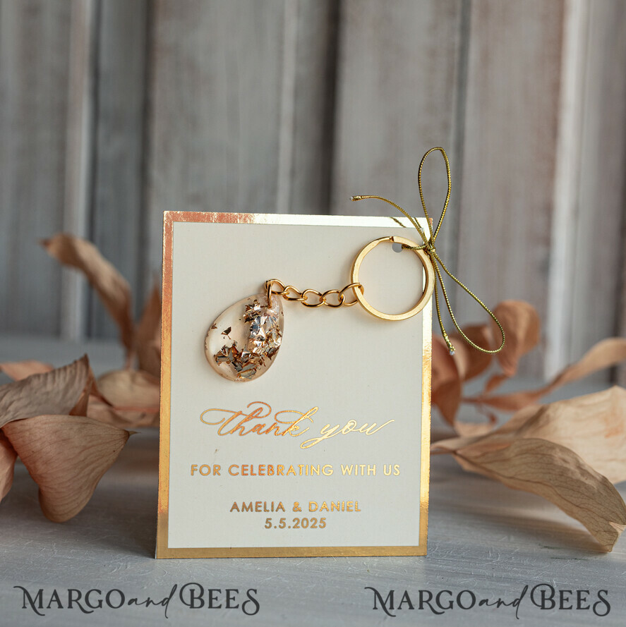 WEDDING FAVORS Resin Custom Resin Keychain Wedding Favors For Guests in bulk Custom Resin Keychain, Golden personalised Thank you gifts Teardrop Keychain with Gold-Plated Stainless Steel Hardware
