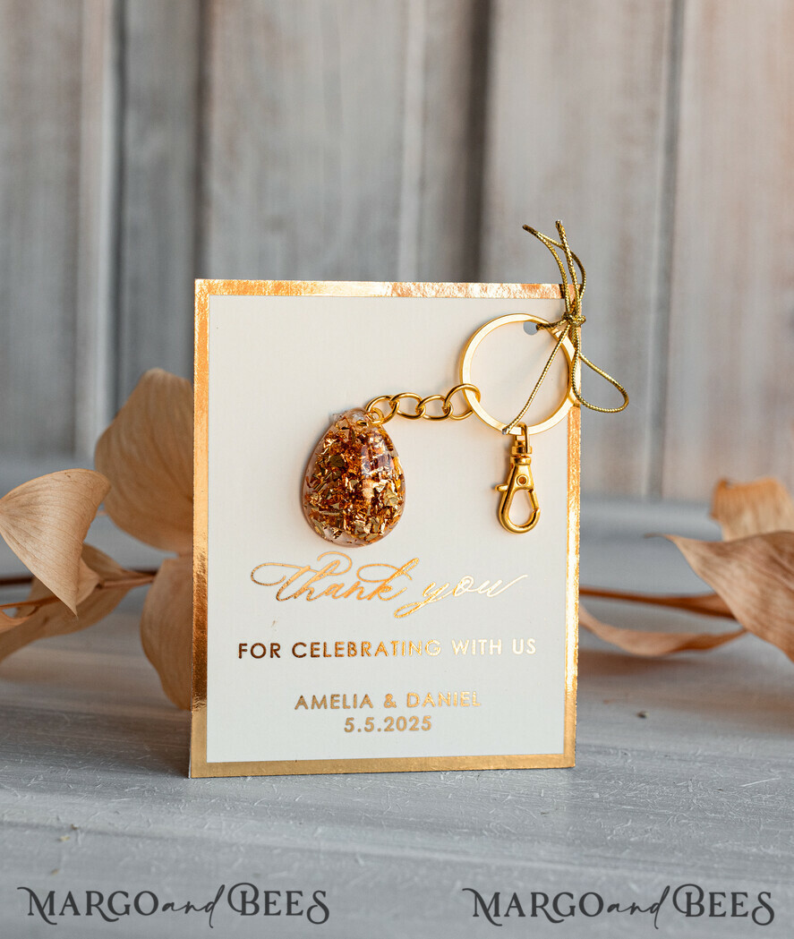 WEDDING FAVORS Resin Custom Resin Keychain Wedding Favors For Guests in bulk Custom Resin glamour golden Keychain, Golden personalised Thank you gifts Teardrop Keychain with Gold-Plated Stainless Steel Hardware