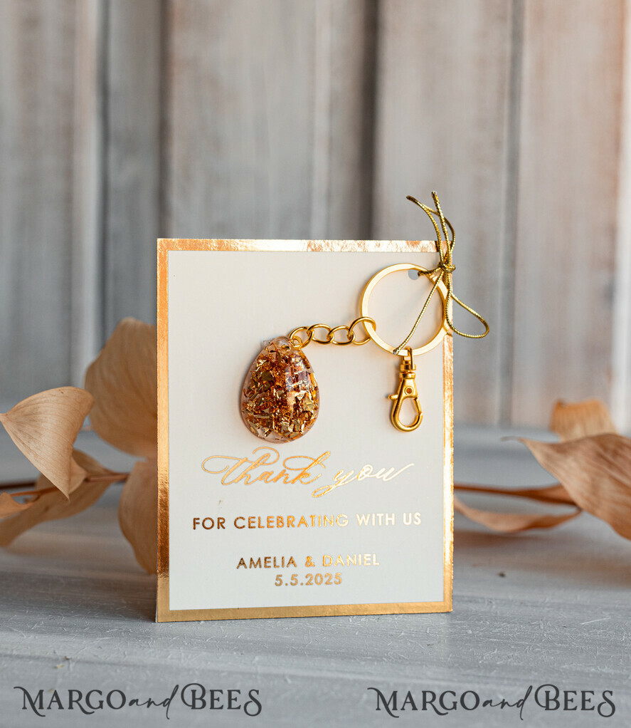 WEDDING FAVORS Resin Custom Resin Keychain Wedding Favors For Guests in bulk Custom Resin glamour golden Keychain, Golden personalised Thank you gifts Teardrop Keychain with Gold-Plated Stainless Steel Hardware