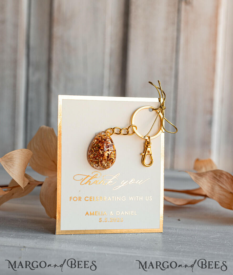 WEDDING FAVORS Resin Custom Resin Keychain Wedding Favors For Guests in bulk Custom Resin glamour golden Keychain, Golden personalised Thank you gifts Teardrop Keychain with Gold-Plated Stainless Steel Hardware