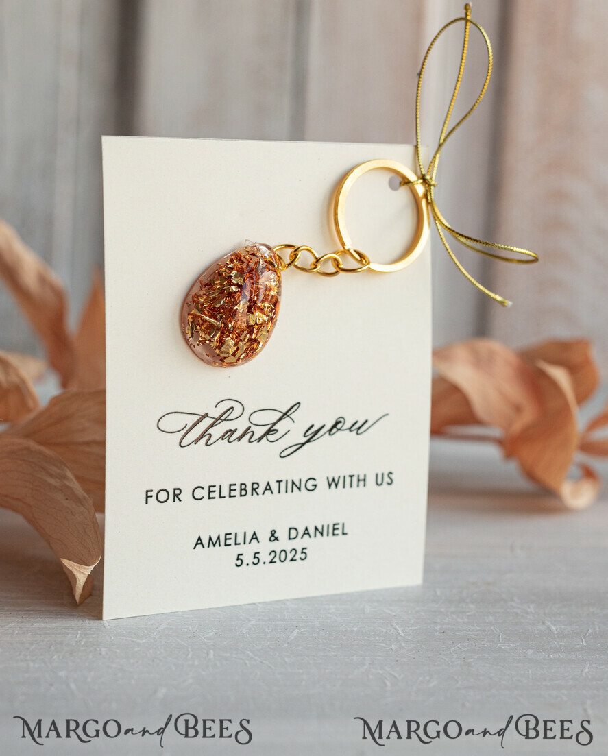 WEDDING FAVORS Resin Custom Resin Keychain Wedding Favors For Guests in bulk Custom Resin Keychain, Golden personalised Thank you gifts Teardrop Keychain with Gold-Plated Stainless Steel Hardware