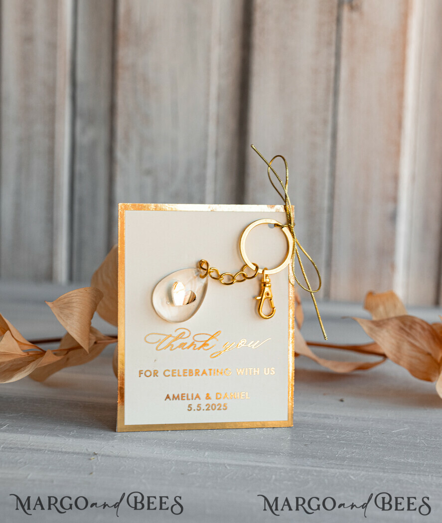 WEDDING FAVORS Resin Custom Resin Keychain Wedding Favors For Guests in bulk Custom Resin modern mirror heart Keychain, Golden personalised Thank you gifts Teardrop Keychain with Gold-Plated Stainless Steel Hardware