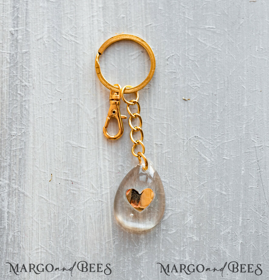 WEDDING FAVORS Resin Custom Resin Keychain Wedding Favors For Guests in bulk Custom Resin modern mirror heart Keychain, Golden personalised Thank you gifts Teardrop Keychain with Gold-Plated Stainless Steel Hardware