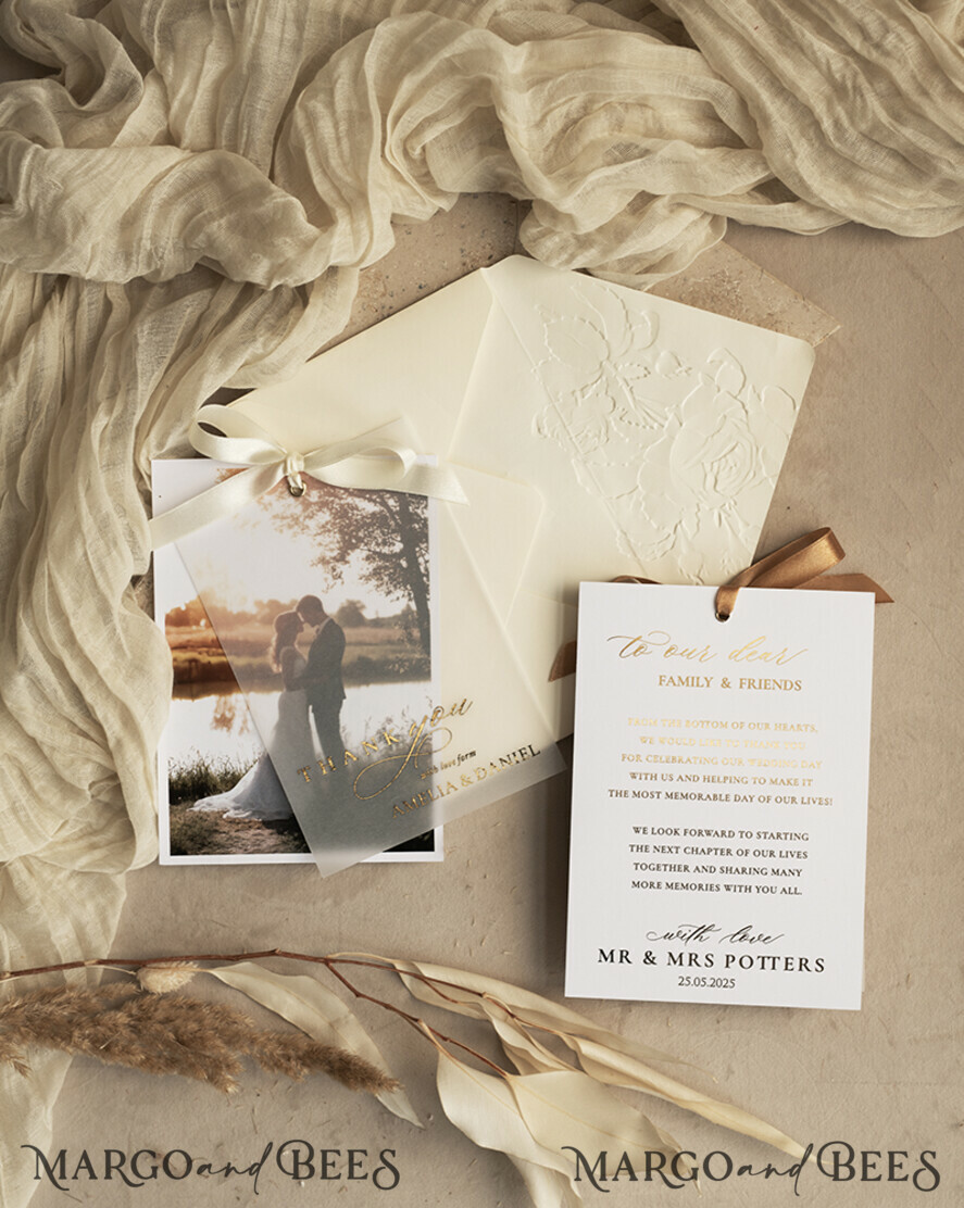THANK YOU CARDS photo gold vellum plexi Printed vellum Wedding Photo Thank You Cards, Modern Wedding Thank You Cards with Photo, Minimalist Thank You Cards Wedding