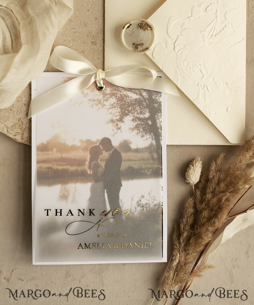 THANK YOU CARDS photo gold vellum plexi Printed vellum Wedding Photo Thank You Cards, Modern Wedding Thank You Cards with Photo, Minimalist Thank You Cards Wedding