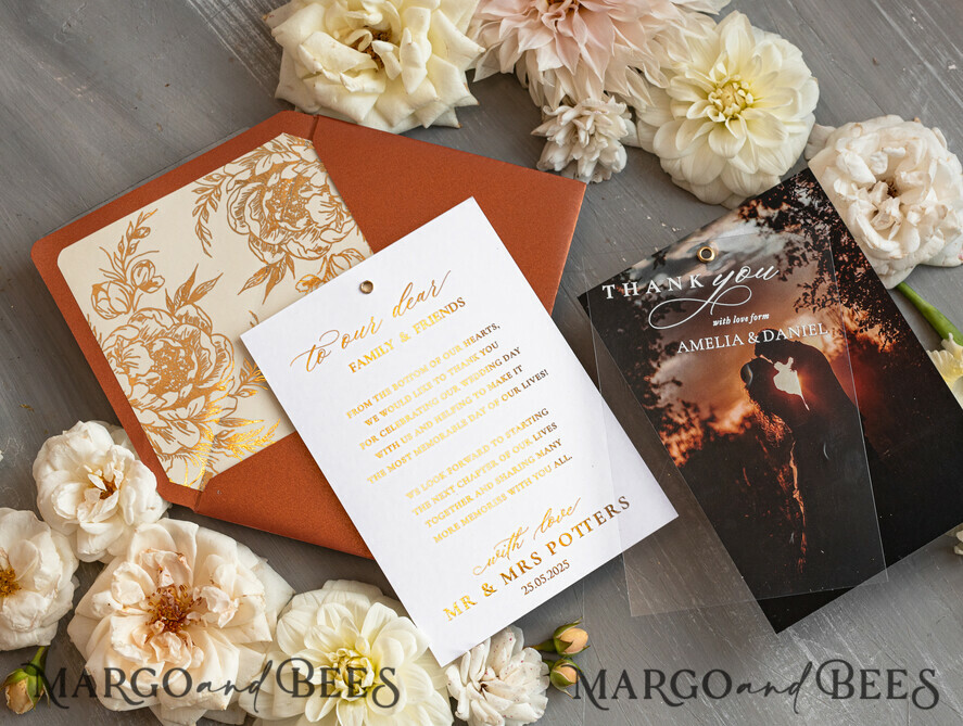 THANK YOU CARDS photo gold vellum plexi Terracotta Plexi Wedding Photo Thank You Cards, Golden Wedding Thank You Cards with Photo, Minimalist Thank You Cards Wedding