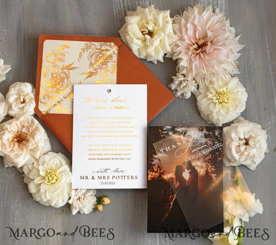 THANK YOU CARDS photo gold vellum plexi Terracotta Plexi Wedding Photo Thank You Cards, Golden Wedding Thank You Cards with Photo, Minimalist Thank You Cards Wedding