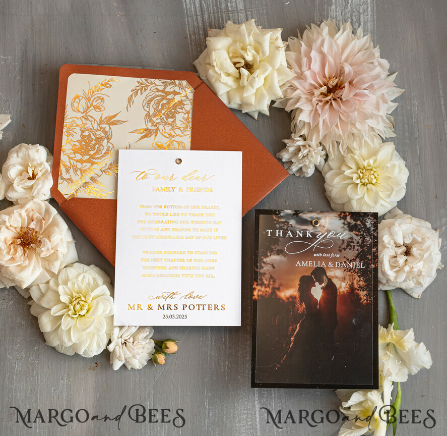 THANK YOU CARDS photo gold vellum plexi Terracotta Plexi Wedding Photo Thank You Cards, Golden Wedding Thank You Cards with Photo, Minimalist Thank You Cards Wedding