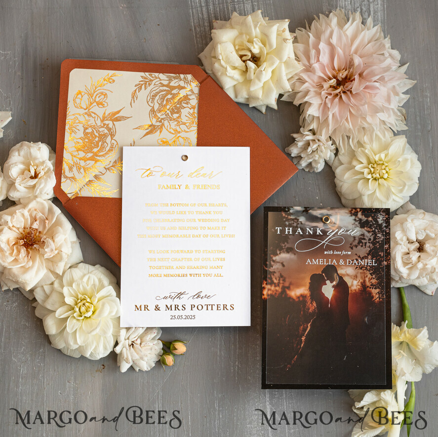 THANK YOU CARDS photo gold vellum plexi Terracotta Plexi Wedding Photo Thank You Cards, Golden Wedding Thank You Cards with Photo, Minimalist Thank You Cards Wedding