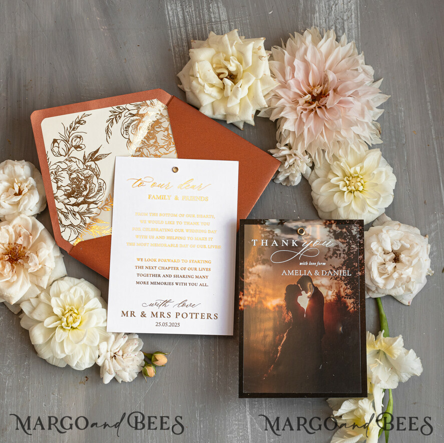 THANK YOU CARDS photo gold vellum plexi Terracotta Plexi Wedding Photo Thank You Cards, Golden Wedding Thank You Cards with Photo, Minimalist Thank You Cards Wedding