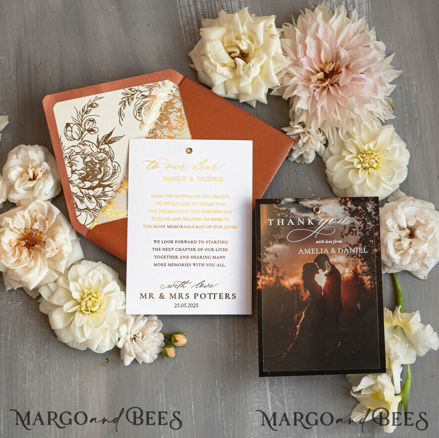 THANK YOU CARDS photo gold vellum plexi Terracotta Plexi Wedding Photo Thank You Cards, Golden Wedding Thank You Cards with Photo, Minimalist Thank You Cards Wedding