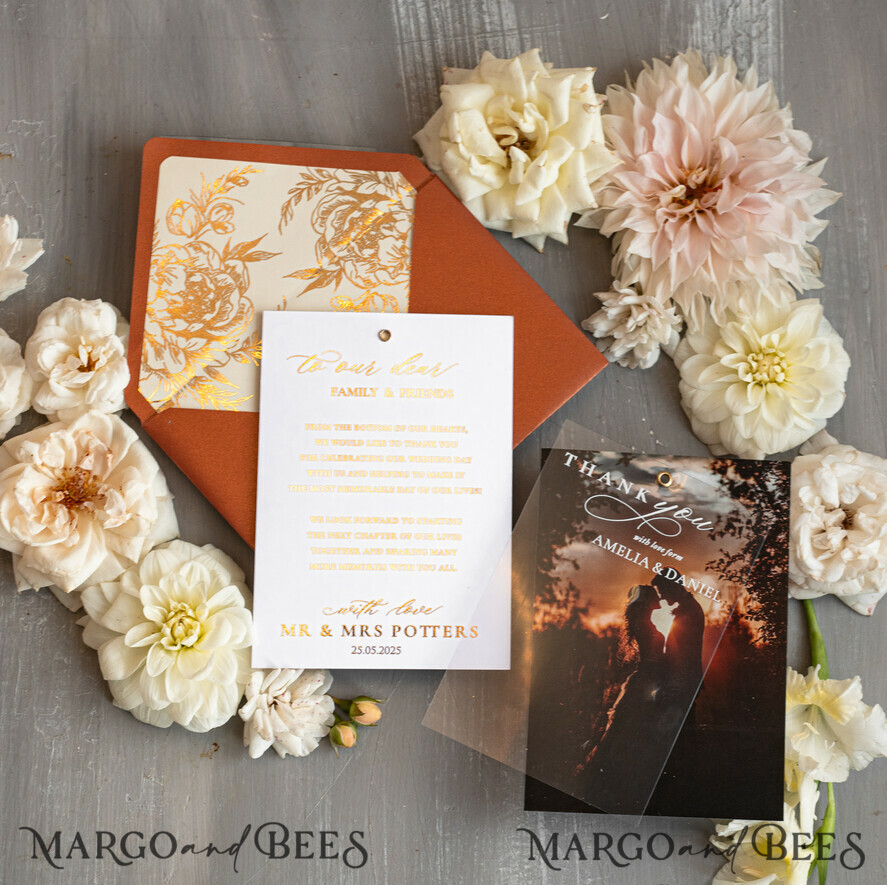 THANK YOU CARDS photo gold vellum plexi Terracotta Plexi Wedding Photo Thank You Cards, Golden Wedding Thank You Cards with Photo, Minimalist Thank You Cards Wedding