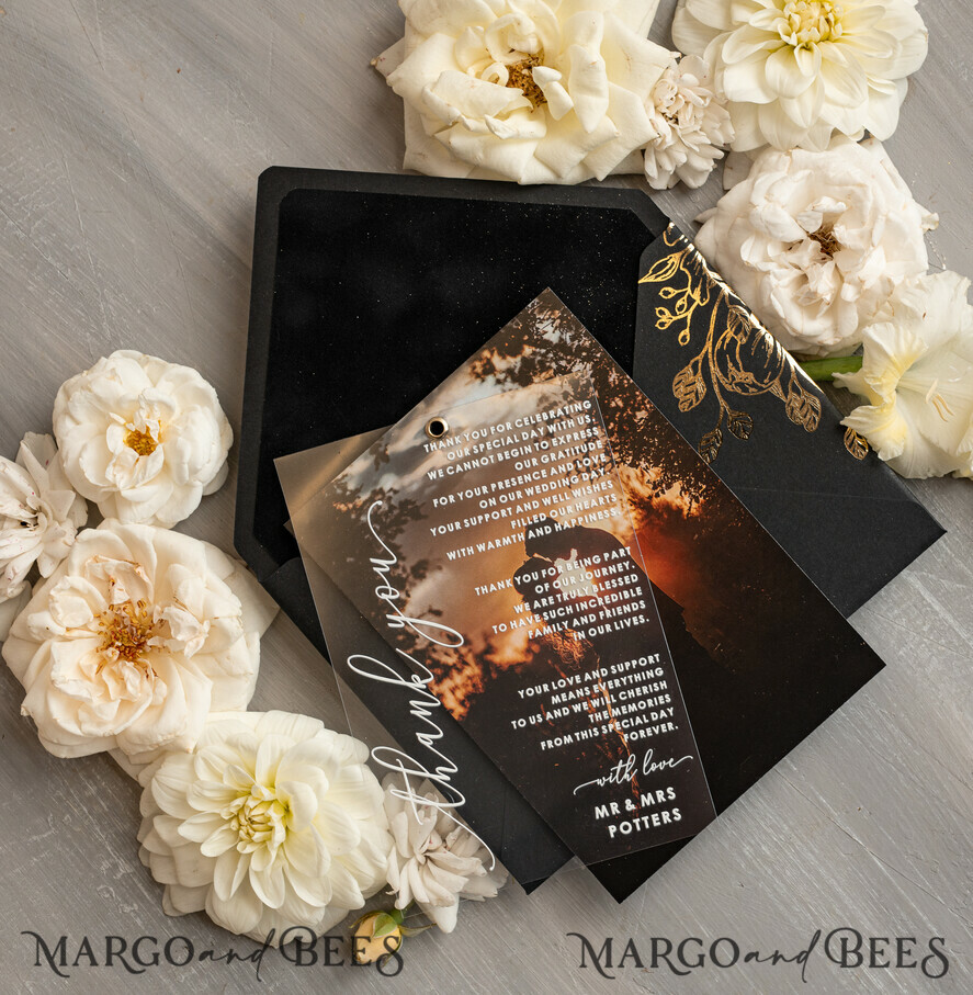 THANK YOU CARDS photo gold vellum plexi Plexi Wedding Photo Thank You Cards, velvet black Wedding Thank You Cards with Photo, Minimalist Thank You Cards Wedding