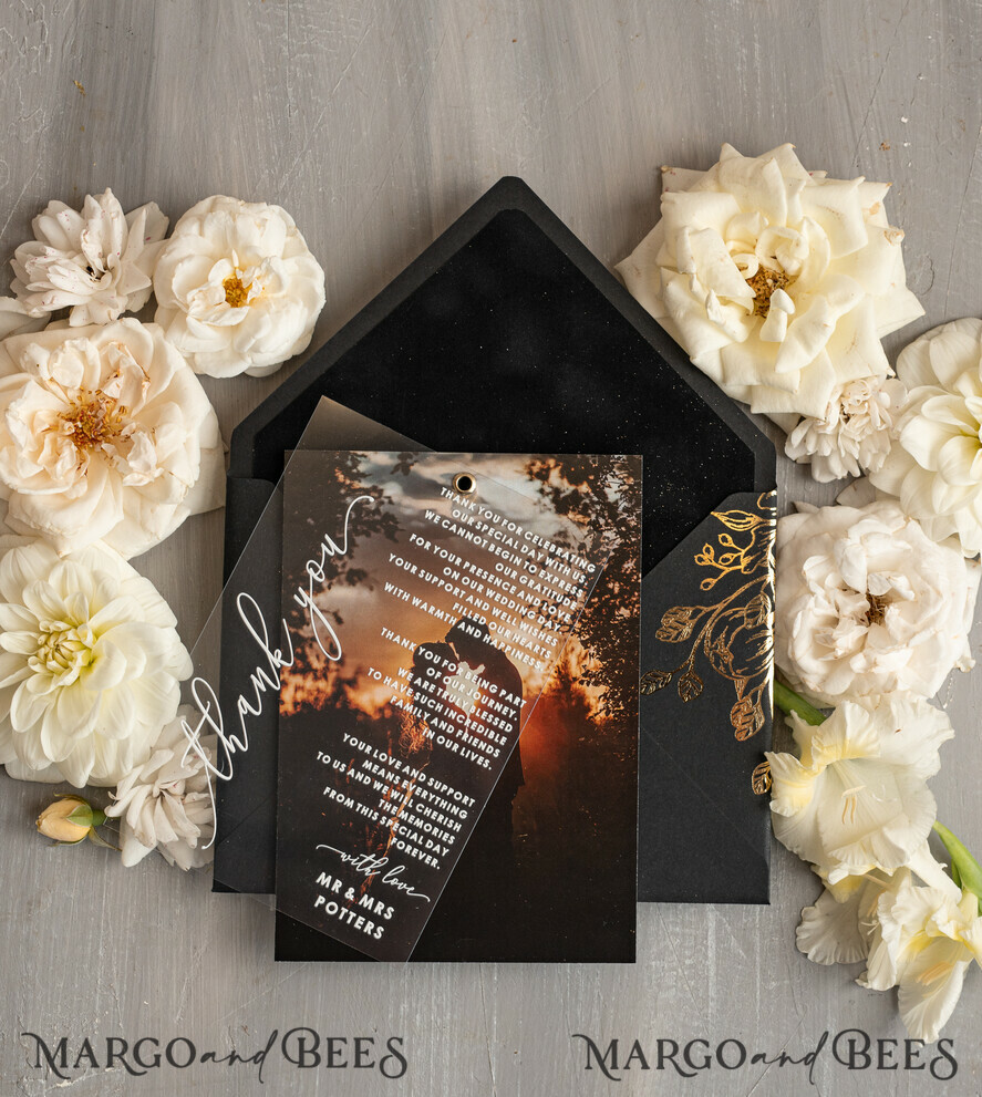 THANK YOU CARDS photo gold vellum plexi Plexi Wedding Photo Thank You Cards, velvet black Wedding Thank You Cards with Photo, Minimalist Thank You Cards Wedding