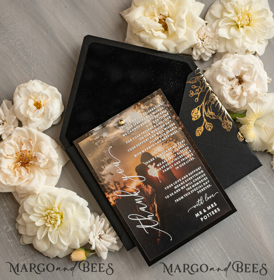 THANK YOU CARDS photo gold vellum plexi Plexi Wedding Photo Thank You Cards, velvet black Wedding Thank You Cards with Photo, Minimalist Thank You Cards Wedding