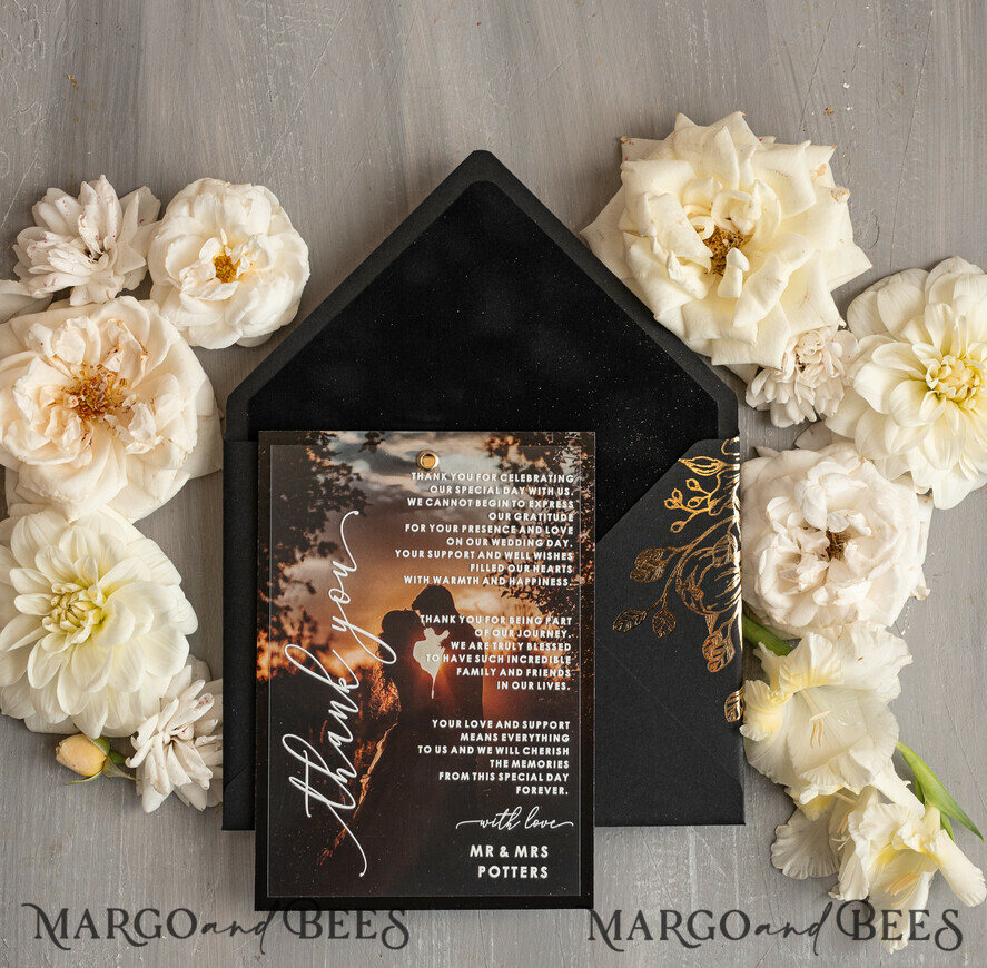 THANK YOU CARDS photo gold vellum plexi Plexi Wedding Photo Thank You Cards, velvet black Wedding Thank You Cards with Photo, Minimalist Thank You Cards Wedding