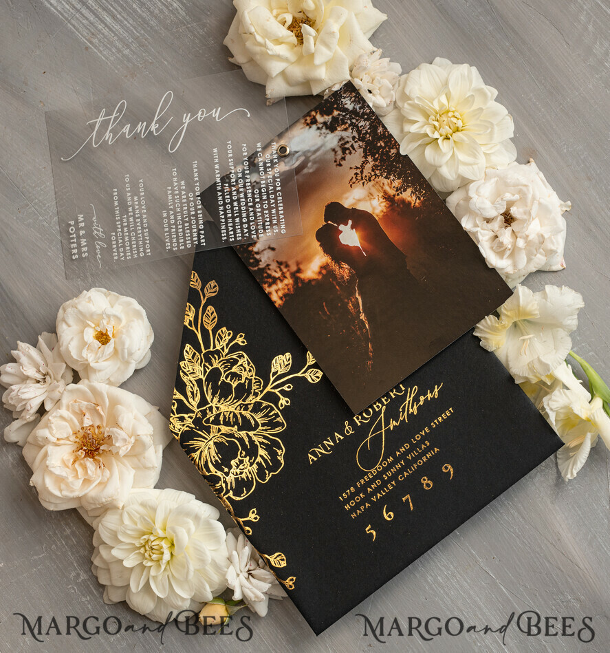 THANK YOU CARDS photo gold vellum plexi Plexi Wedding Photo Thank You Cards, velvet black Wedding Thank You Cards with Photo, Minimalist Thank You Cards Wedding