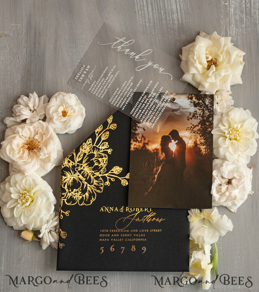 THANK YOU CARDS photo gold vellum plexi Plexi Wedding Photo Thank You Cards, velvet black Wedding Thank You Cards with Photo, Minimalist Thank You Cards Wedding