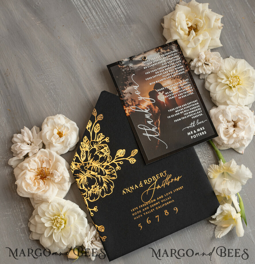 THANK YOU CARDS photo gold vellum plexi Plexi Wedding Photo Thank You Cards, velvet black Wedding Thank You Cards with Photo, Minimalist Thank You Cards Wedding