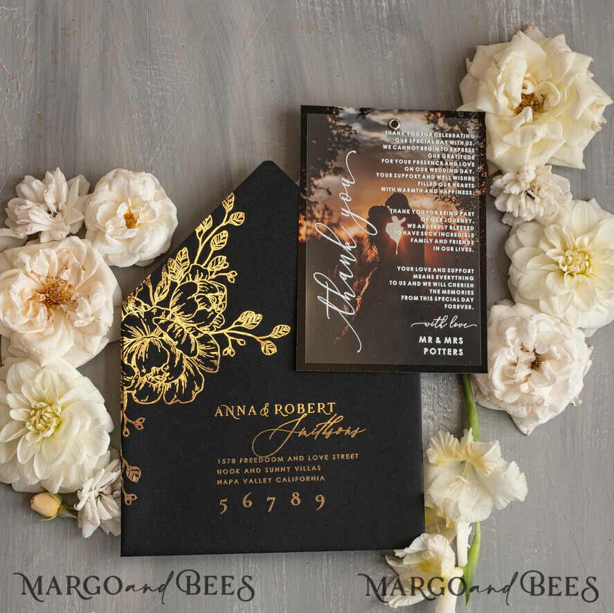 THANK YOU CARDS photo gold vellum plexi Plexi Wedding Photo Thank You Cards, velvet black Wedding Thank You Cards with Photo, Minimalist Thank You Cards Wedding