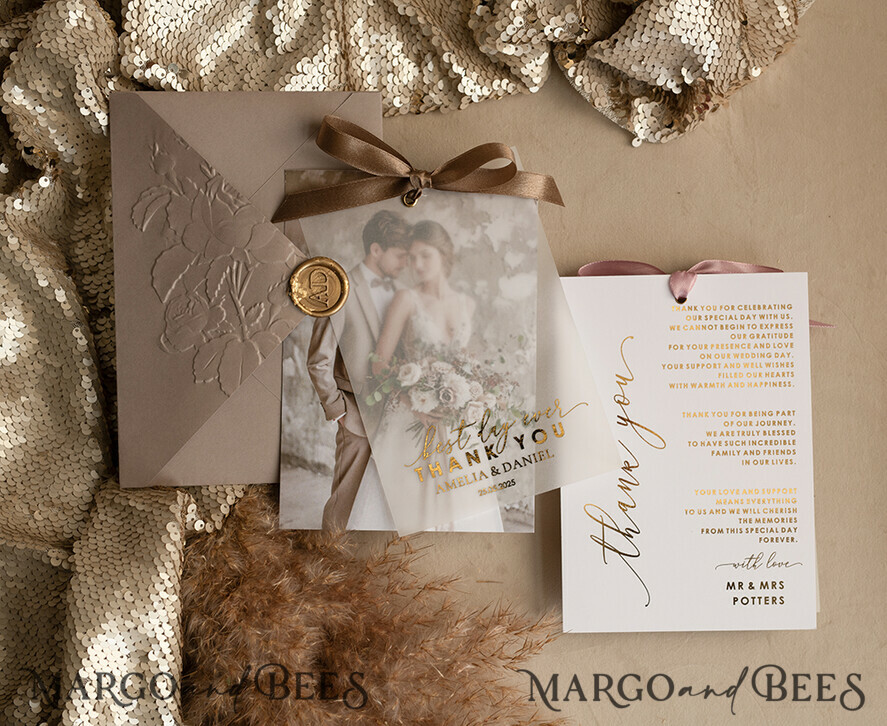THANK YOU CARDS photo gold vellum plexi Printed vellum Wedding Photo Thank You Cards, Modern Wedding Thank You Cards with Photo, Minimalist Thank You Cards Wedding