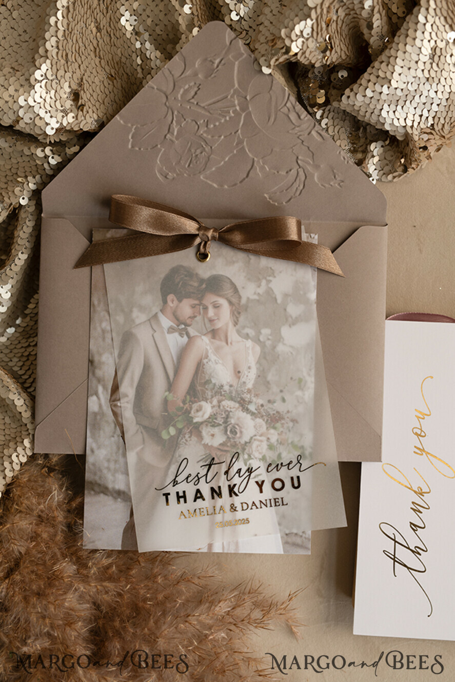 THANK YOU CARDS photo gold vellum plexi Printed vellum Wedding Photo Thank You Cards, Modern Wedding Thank You Cards with Photo, Minimalist Thank You Cards Wedding
