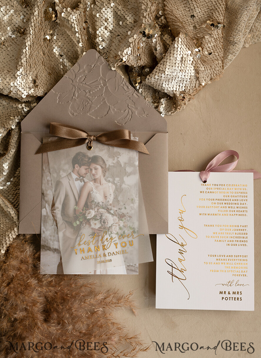 THANK YOU CARDS photo gold vellum plexi Printed vellum Wedding Photo Thank You Cards, Modern Wedding Thank You Cards with Photo, Minimalist Thank You Cards Wedding