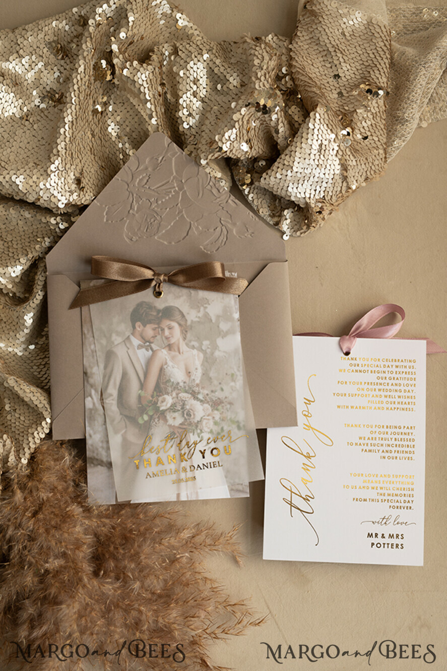 THANK YOU CARDS photo gold vellum plexi Printed vellum Wedding Photo Thank You Cards, Modern Wedding Thank You Cards with Photo, Minimalist Thank You Cards Wedding