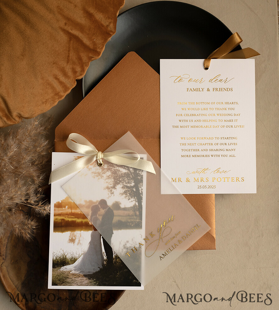 THANK YOU CARDS photo gold vellum plexi Printed vellum Wedding Photo Thank You Cards, Modern Wedding Thank You Cards with Photo, Minimalist Thank You Cards Wedding