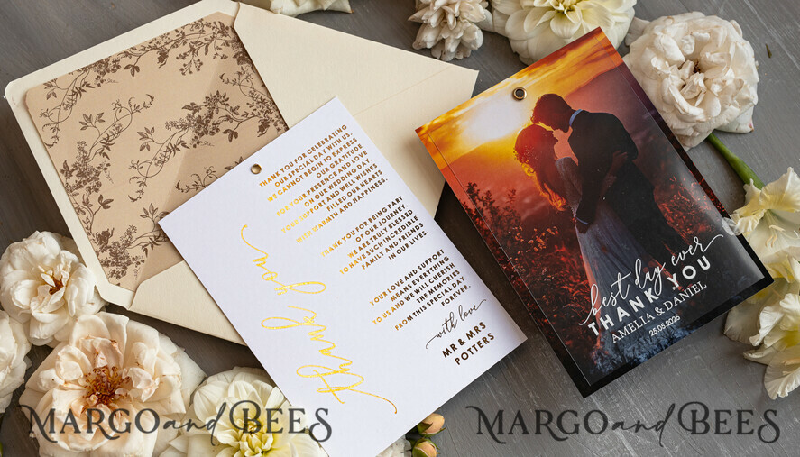 THANK YOU CARDS photo gold vellum plexi Plexi Wedding Photo Thank You Cards, Golden Wedding Thank You Cards with Photo, Minimalist Thank You Cards Wedding