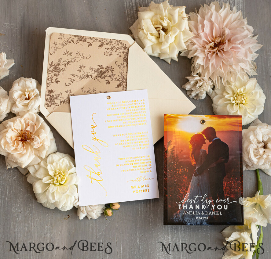 THANK YOU CARDS photo gold vellum plexi Plexi Wedding Photo Thank You Cards, Golden Wedding Thank You Cards with Photo, Minimalist Thank You Cards Wedding