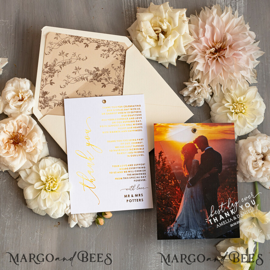 THANK YOU CARDS photo gold vellum plexi Plexi Wedding Photo Thank You Cards, Golden Wedding Thank You Cards with Photo, Minimalist Thank You Cards Wedding