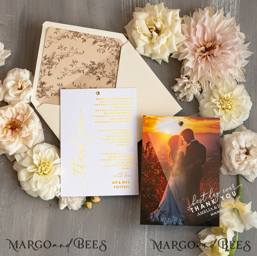 THANK YOU CARDS photo gold vellum plexi Plexi Wedding Photo Thank You Cards, Golden Wedding Thank You Cards with Photo, Minimalist Thank You Cards Wedding
