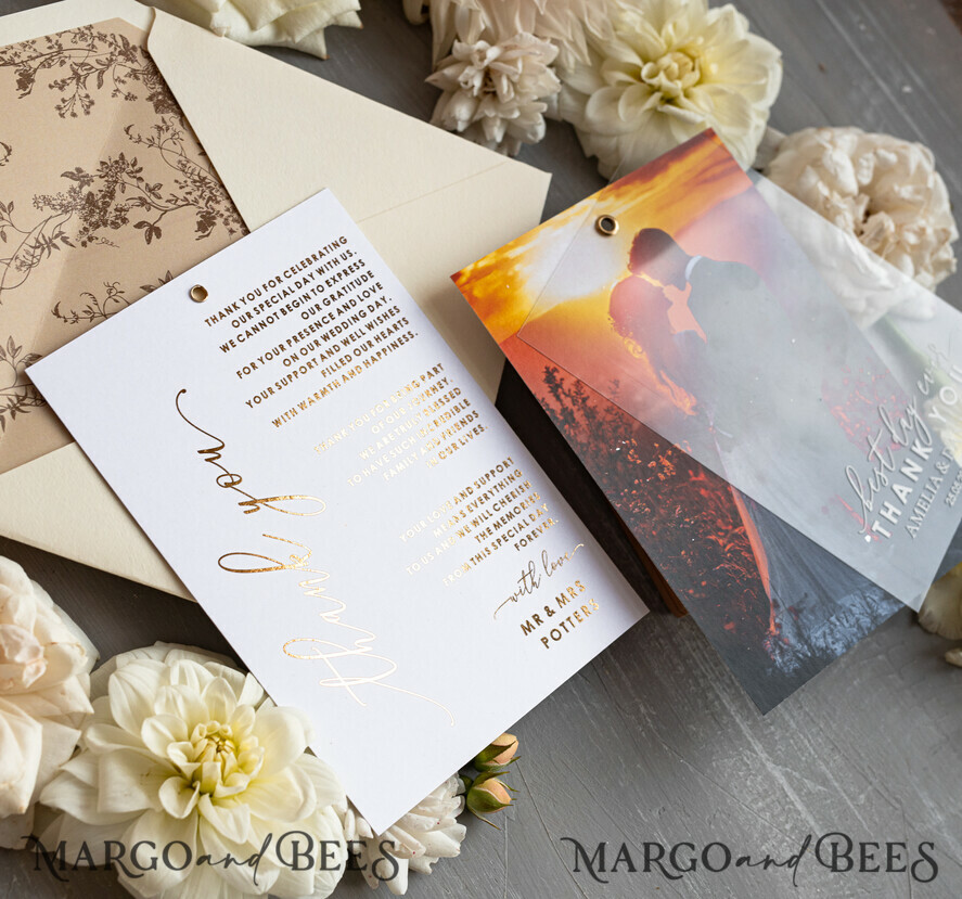 THANK YOU CARDS photo gold vellum plexi Plexi Wedding Photo Thank You Cards, Golden Wedding Thank You Cards with Photo, Minimalist Thank You Cards Wedding