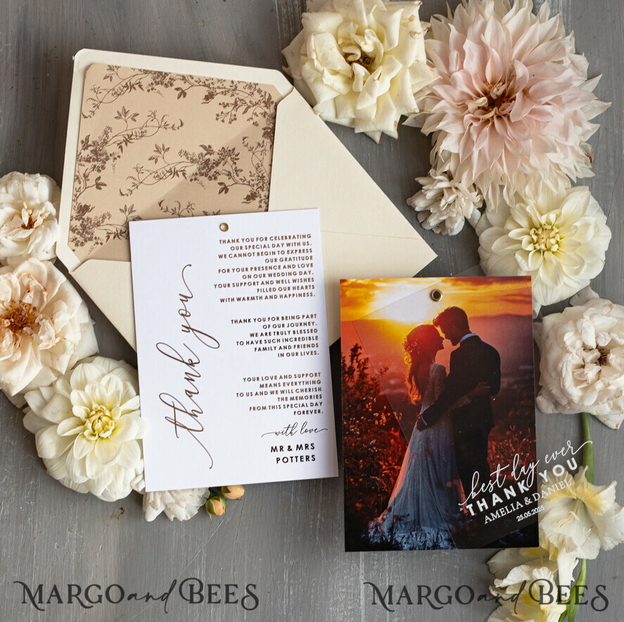 THANK YOU CARDS photo gold vellum plexi Plexi Wedding Photo Thank You Cards, Golden Wedding Thank You Cards with Photo, Minimalist Thank You Cards Wedding