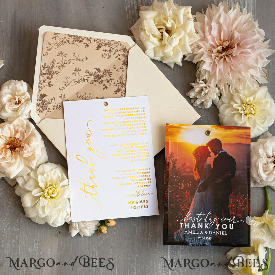 THANK YOU CARDS photo gold vellum plexi Plexi Wedding Photo Thank You Cards, Golden Wedding Thank You Cards with Photo, Minimalist Thank You Cards Wedding