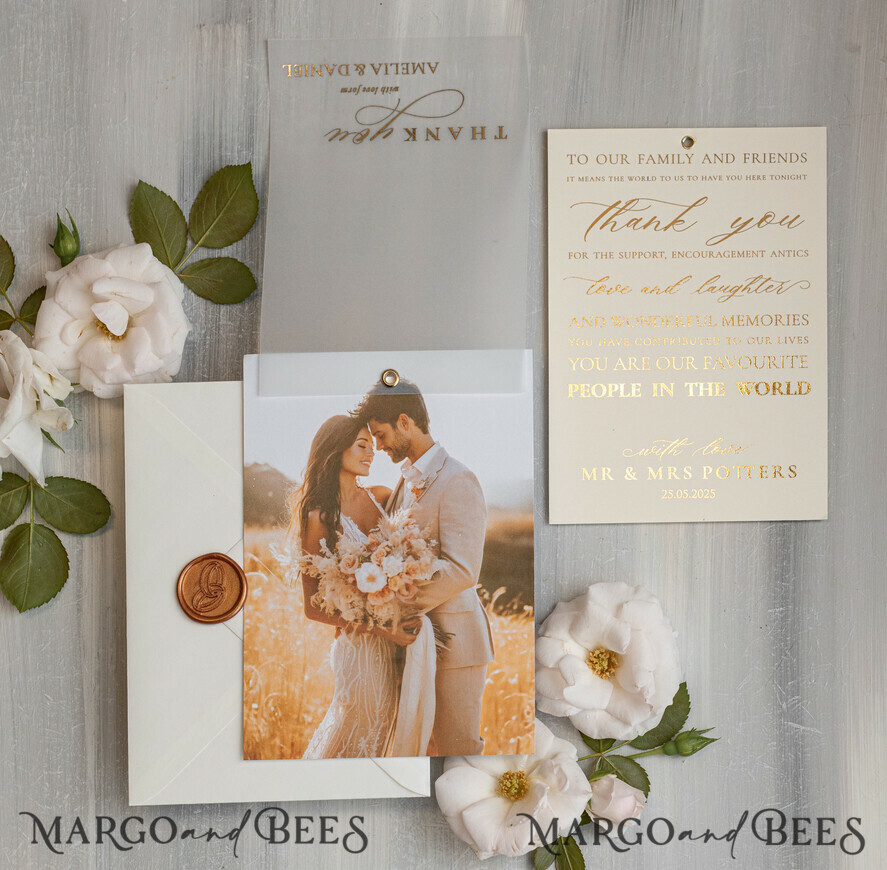 THANK YOU CARDS photo gold vellum plexi Printed vellum Wedding Photo Thank You Cards, Modern Wedding Thank You Cards with Photo, Minimalist Thank You Cards Wedding